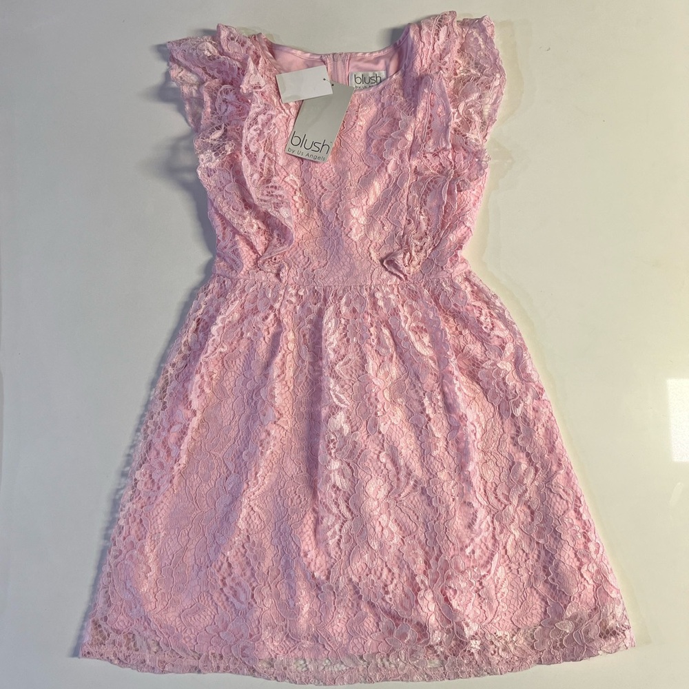 *NWT Little Angels by US Angels Double Ruffle Lace Dress Girls' 12 Pink Back Zip